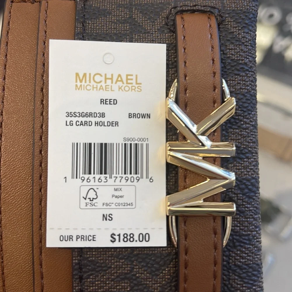 MICHAEL KORS Reed Large Pebbled Leather Card Holder Case Wallet  BROWN MK NWT